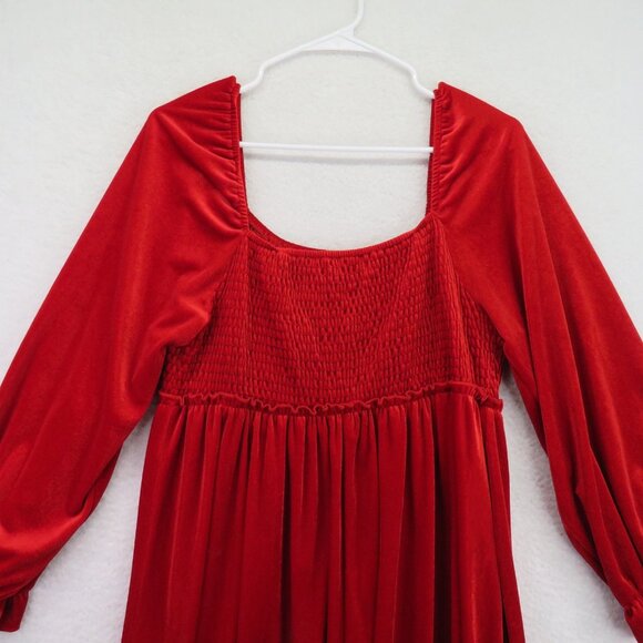 Shein Curve Dress Womens 0XL Red Long Sleeve Velvet Smocked Waist Holiday Party - Picture 2 of 9